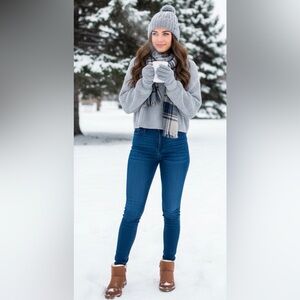 Forever 21 Gray Chunky Knit Cropped Sweater With Mock Neck & Long Sleeves Size S